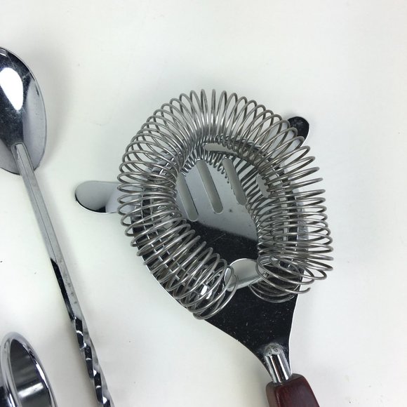 Wood Handle Bar Ware Set Spoon Strainer Jigger Corkscrew - Picture 3 of 6